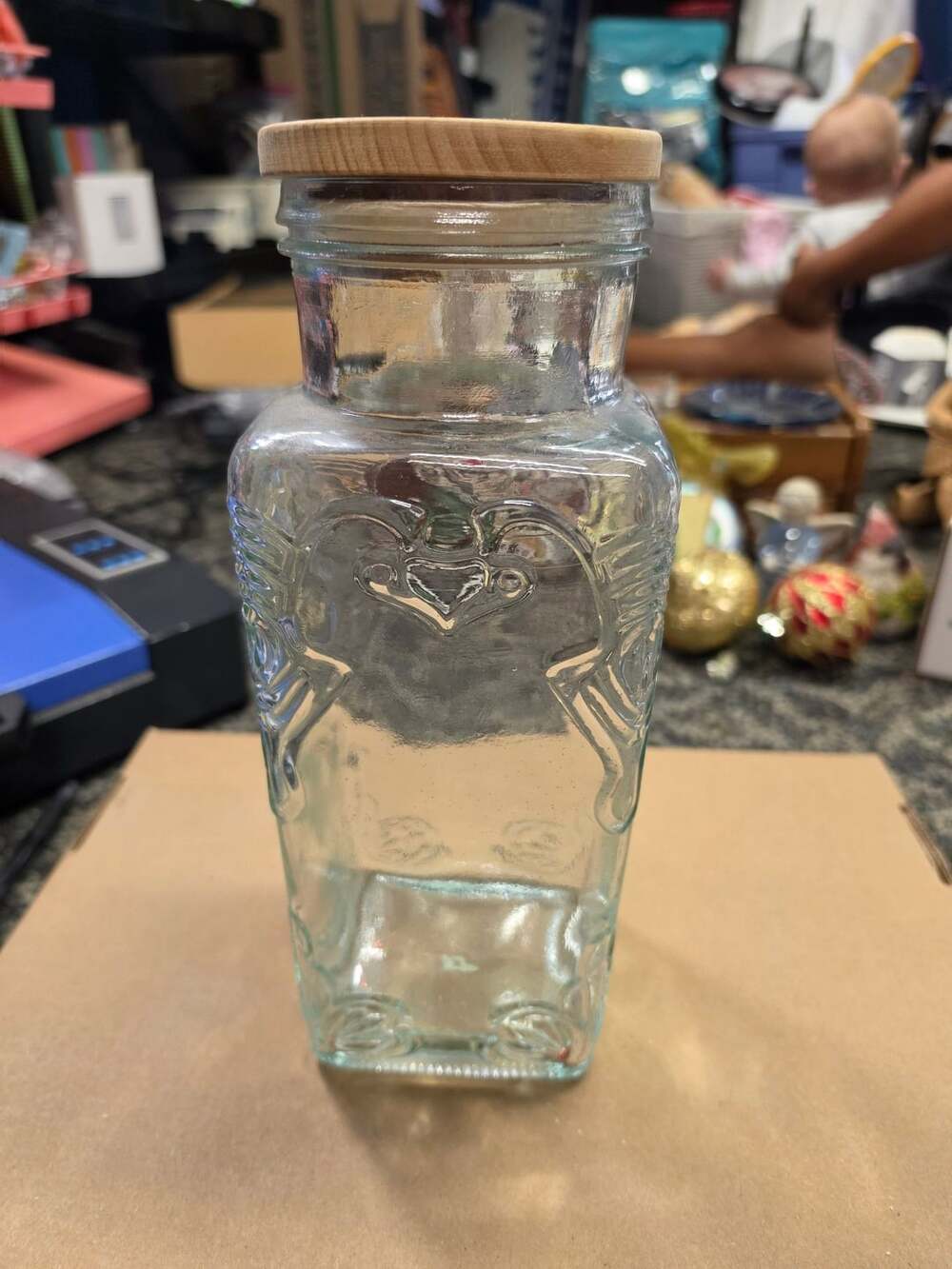 Vintage Depositato Embossed Glass Canister Wood Lid